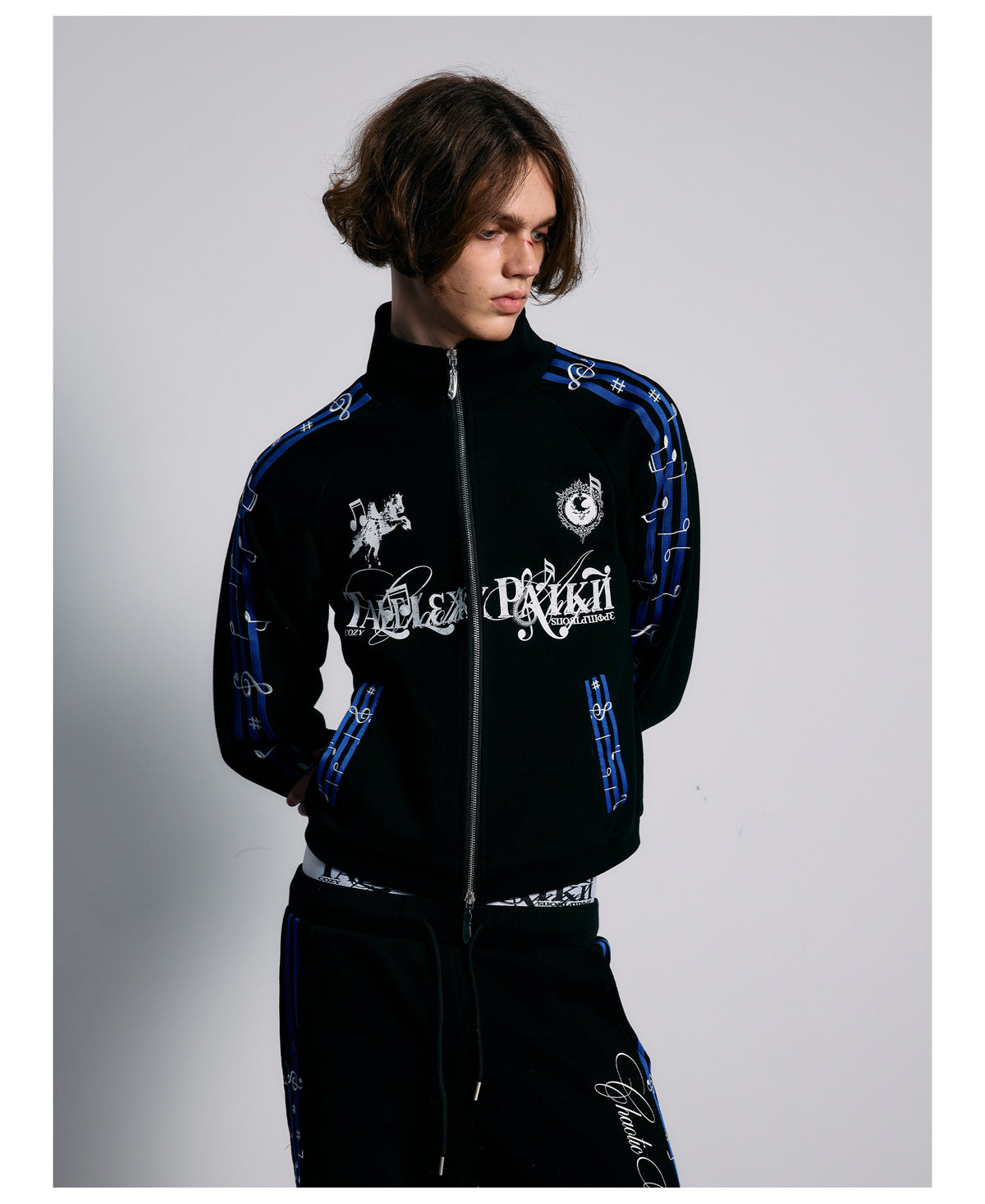 Blue Stripe Music Note Embroidered Zip Hoodie & Wide Pants