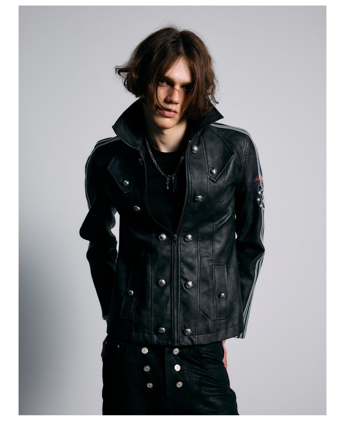 Embroidered Sleeve Stripe Snap Front Faux Leather Jacket