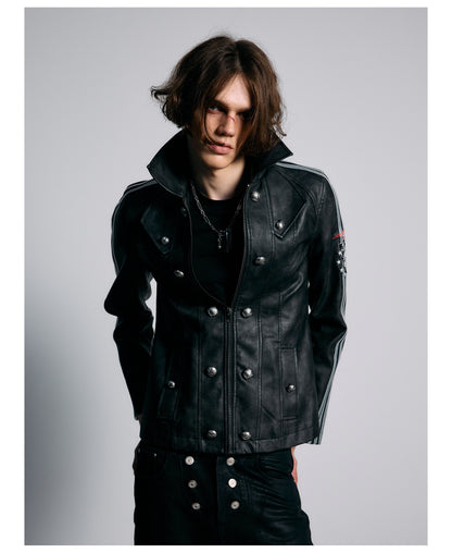 Embroidered Sleeve Stripe Snap Front Faux Leather Jacket