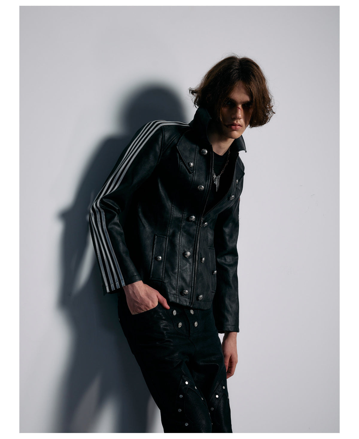 Embroidered Sleeve Stripe Snap Front Faux Leather Jacket