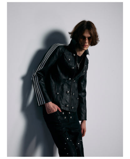 Embroidered Sleeve Stripe Snap Front Faux Leather Jacket