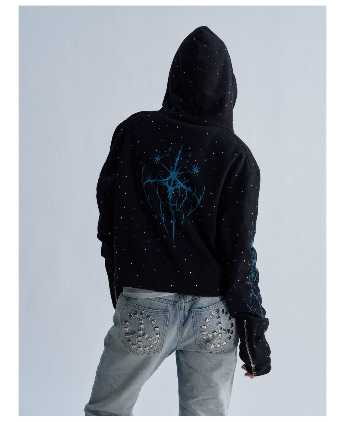 Rhinestone Graphic Cropped Zip Hoodie