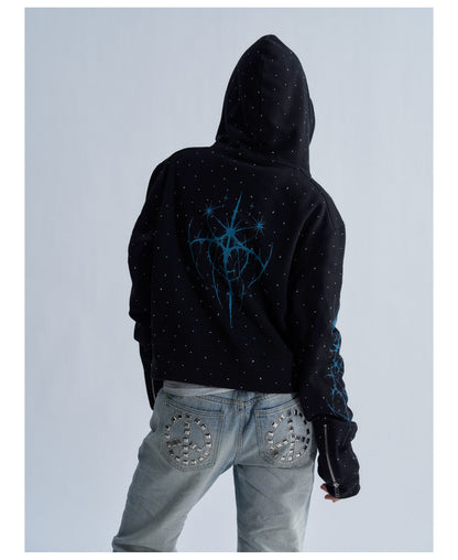 Rhinestone Graphic Cropped Zip Hoodie