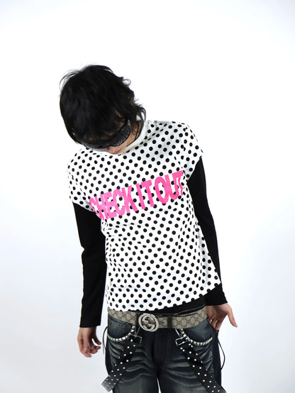 UCAN'TBELIKEME ドット柄 ピンクロゴ 切替長袖Tシャツ SELFISH