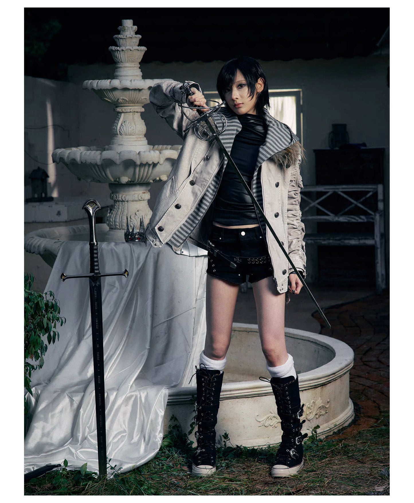 Striped Detachable Hood Double Breasted Fur Texture Jacket
