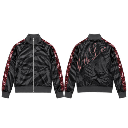 Red Tiger Stripe Panel Stand Collar Track Jacket