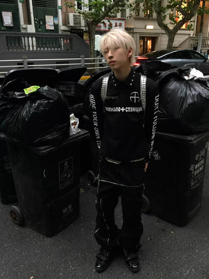 REBEL WAVE クロススタッズ グラフィック長袖ポロシャツ ブラック SELFISH