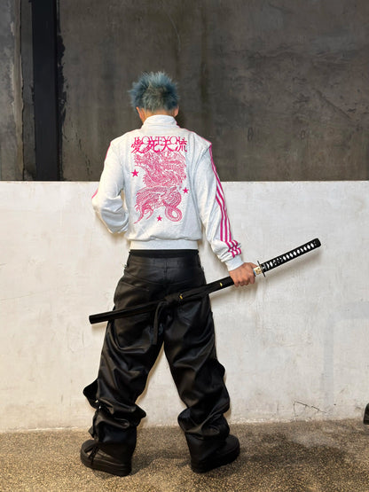 Pink Dragon Embroidered Cropped Track Jacket