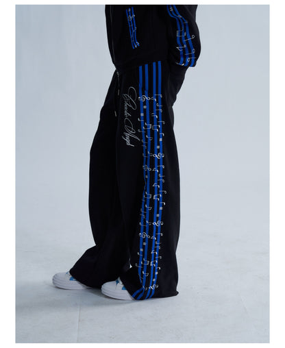 Blue Stripe Music Note Embroidered Zip Hoodie & Wide Pants