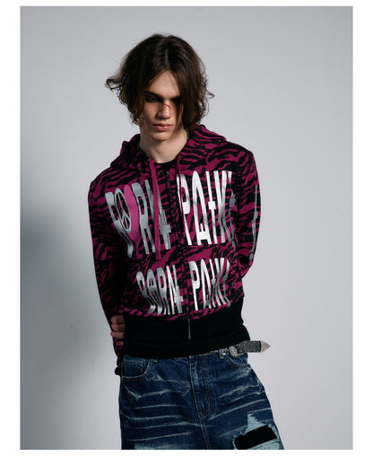 Pink Tiger Stripe Graphic Cropped Zip Hoodie