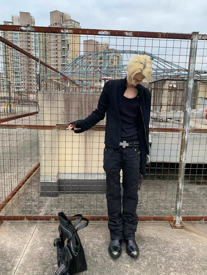 REBEL WAVE シワ加工 メタルパーツ ストレートデニム ブラック SELFISH