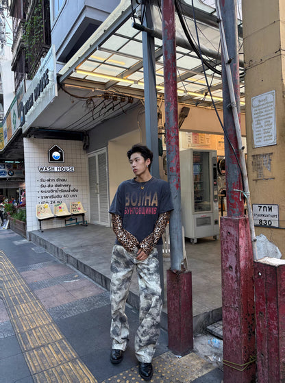 Leopard Layered Sleeve Washed Graphic T-Shirt
