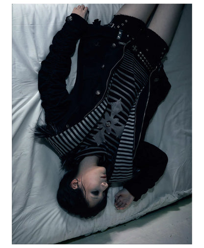 Striped Detachable Hood Double Breasted Fur Texture Jacket