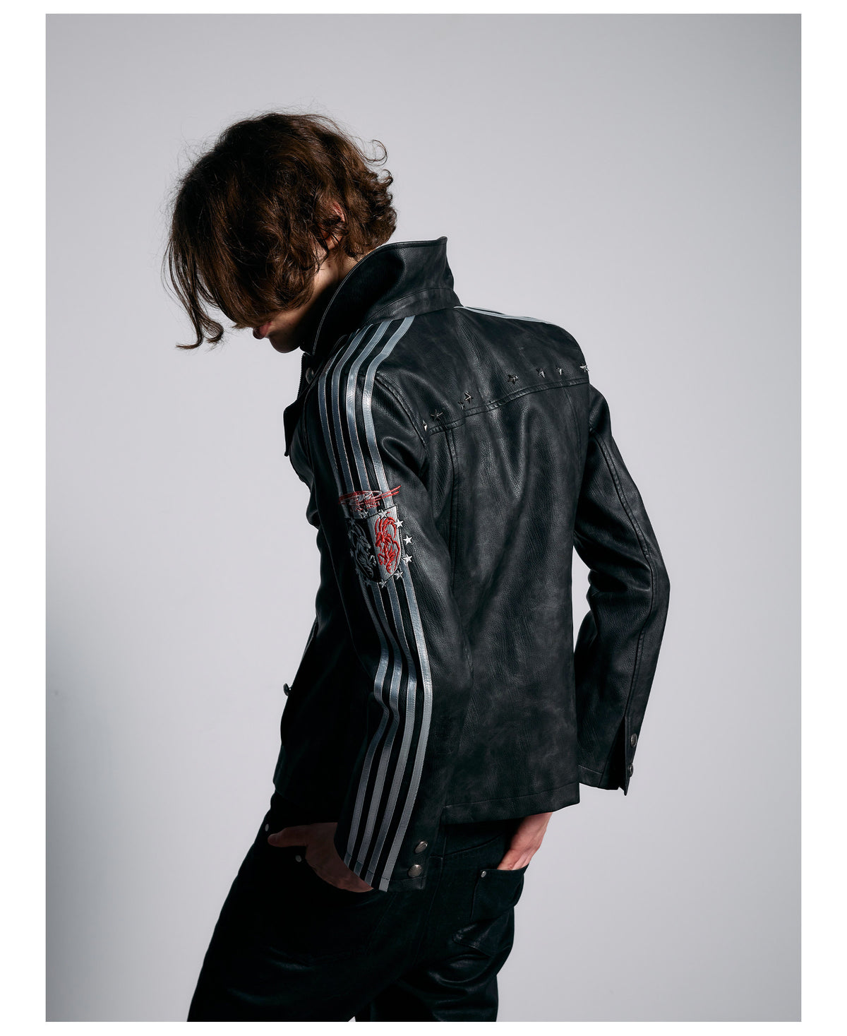 Embroidered Sleeve Stripe Snap Front Faux Leather Jacket