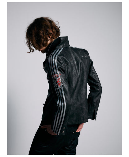 Embroidered Sleeve Stripe Snap Front Faux Leather Jacket