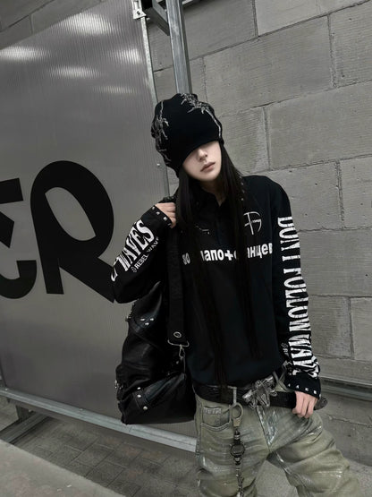 REBEL WAVE クロススタッズ グラフィック長袖ポロシャツ ブラック SELFISH