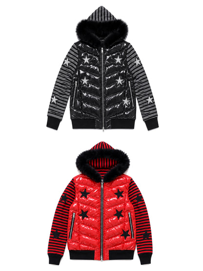 Star Embroidered Striped Fur Trim Hood Padded Jacket