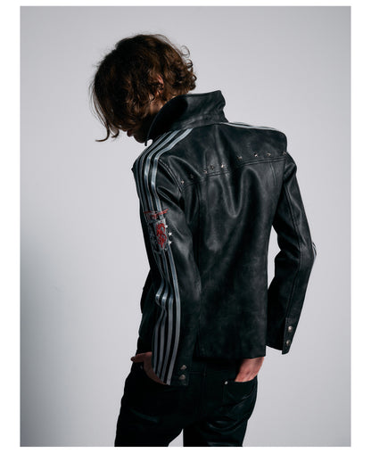 Embroidered Sleeve Stripe Snap Front Faux Leather Jacket
