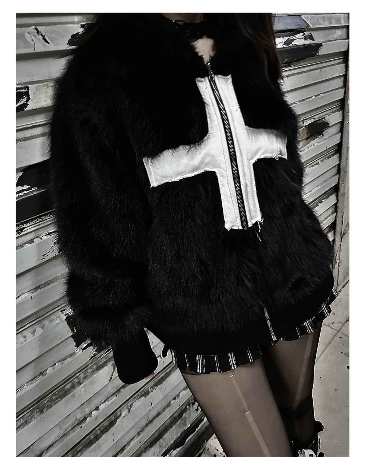 Cross Applique Studded Hood Reversible Faux Fur Jacket