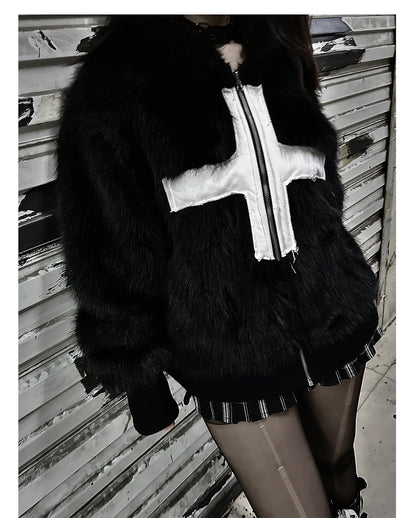 Cross Applique Studded Hood Reversible Faux Fur Jacket