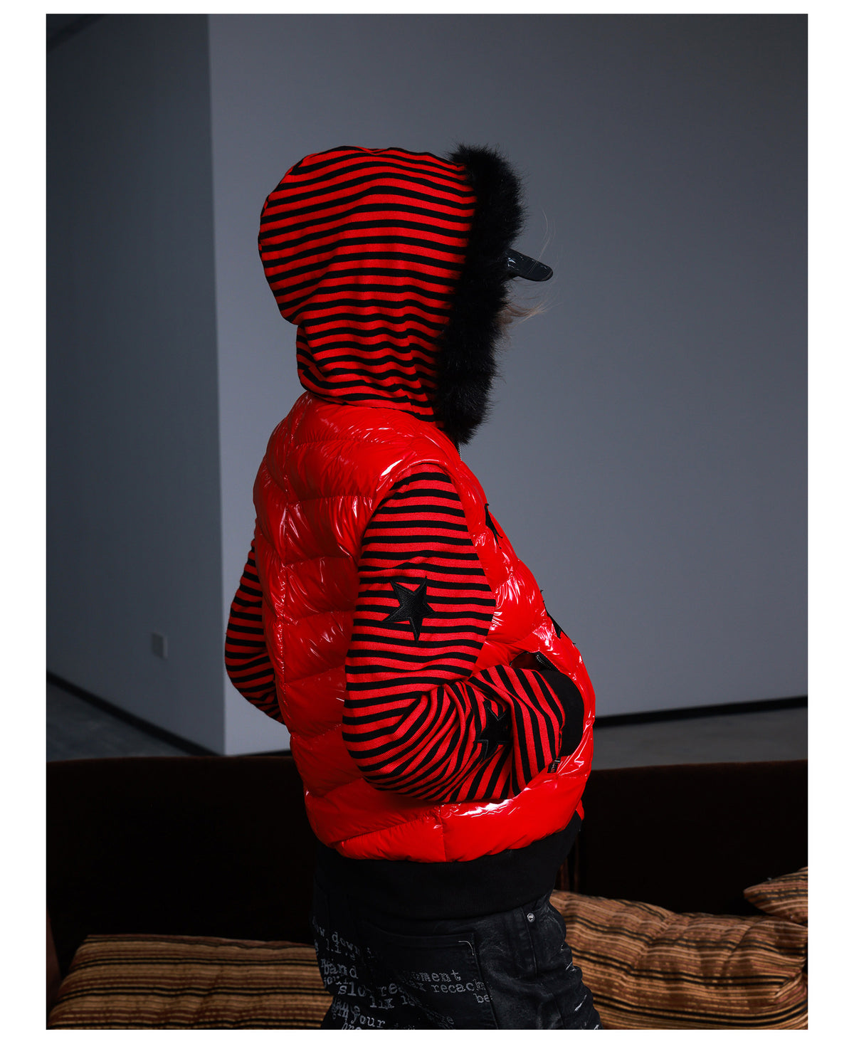 Star Embroidered Striped Fur Trim Hood Padded Jacket