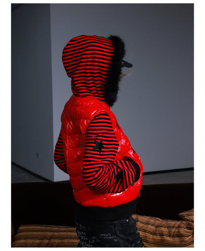 Star Embroidered Striped Fur Trim Hood Padded Jacket