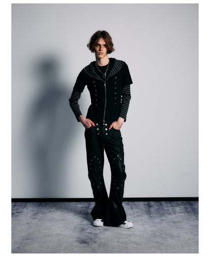 Striped Layered Sleeve Double Row Button Zip Hoodie