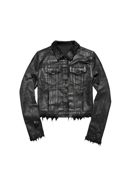 Black Coated Distressed Hem Cropped Denim Jacket