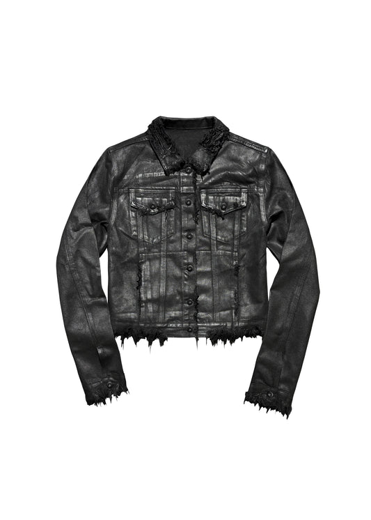 Black Coated Distressed Hem Cropped Denim Jacket