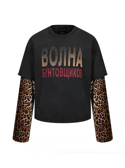 Leopard Layered Sleeve Washed Graphic T-Shirt