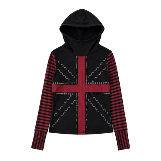 Rhinestone Cross Striped Sleeve Hooded Long Sleeve Top