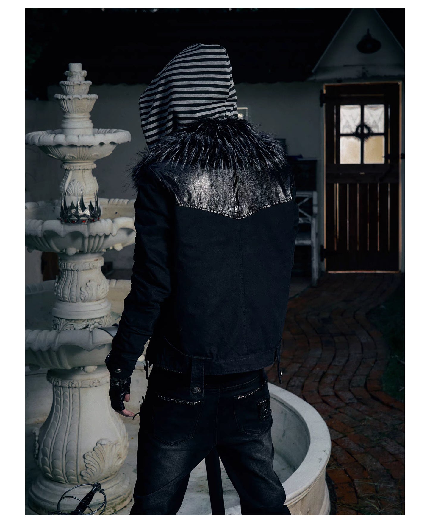 Striped Detachable Hood Double Breasted Fur Texture Jacket