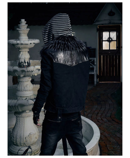 Striped Detachable Hood Double Breasted Fur Texture Jacket