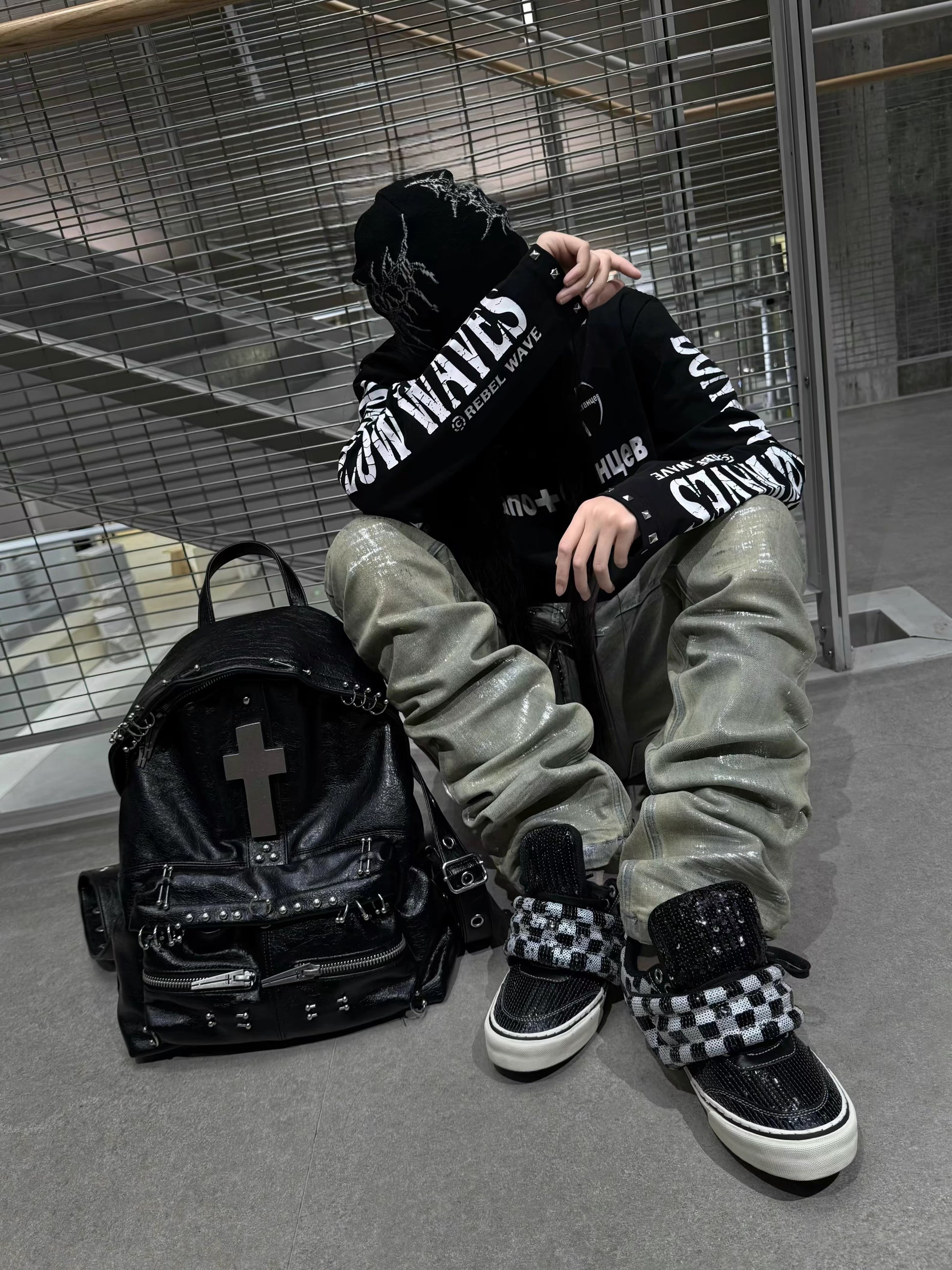 REBEL WAVE クロススタッズ グラフィック長袖ポロシャツ ブラック SELFISH