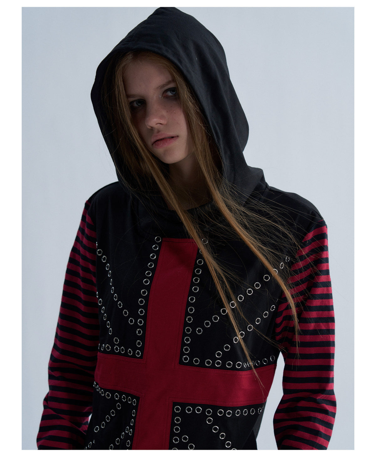Rhinestone Cross Striped Sleeve Hooded Long Sleeve Top