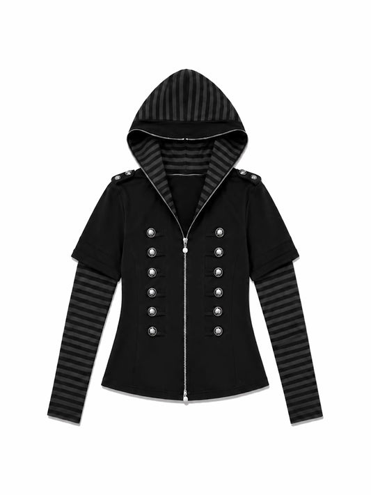 Striped Layered Sleeve Double Row Button Zip Hoodie