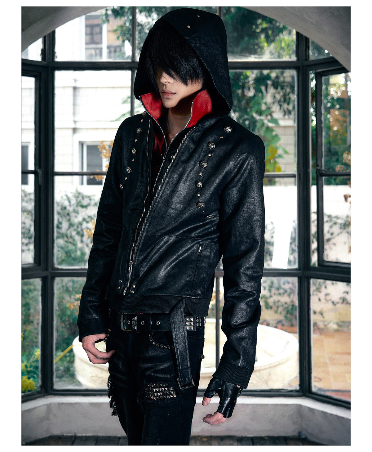 Red Contrast Strap Detail Padded Faux Leather Jacket