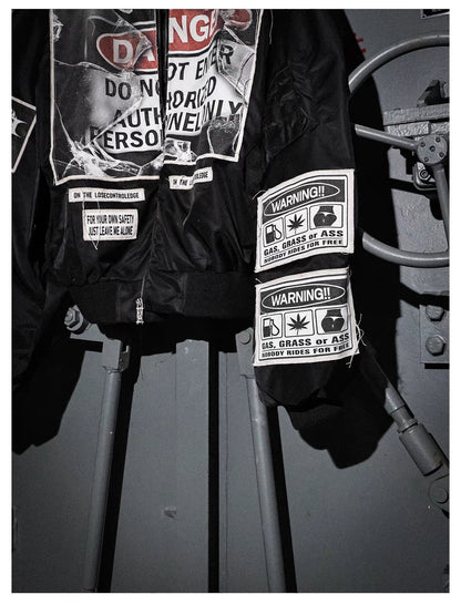 Warning Label Patch Oversized Padded Bomber Jacket