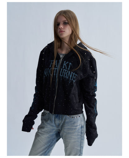 Rhinestone Graphic Cropped Zip Hoodie