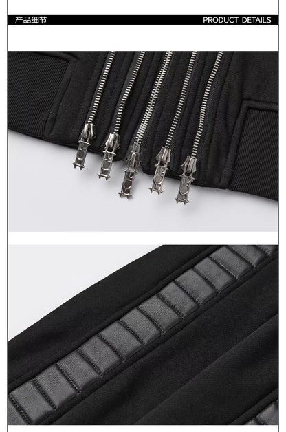 Multi Zip Faux Leather Panel Fitted Hoodie