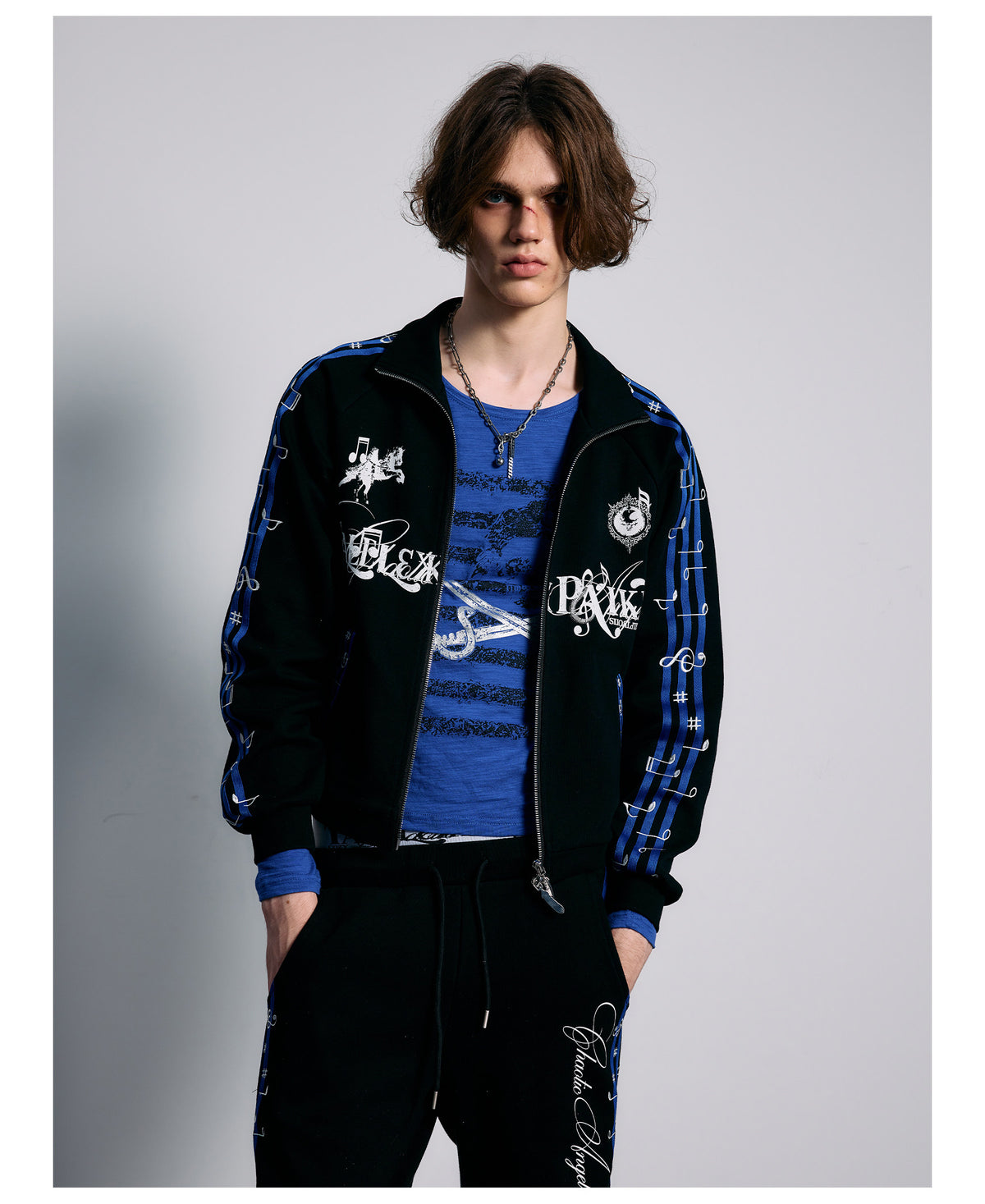 Blue Stripe Music Note Embroidered Zip Hoodie & Wide Pants