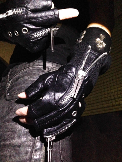 REBEL WAVE ダブルジップ クロススタッズ レザーフィンガーレスグローブ SELFISH