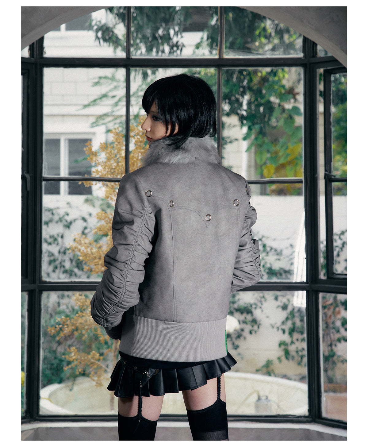 Metallic Faux Leather Detachable Fur Trim Collar Jacket
