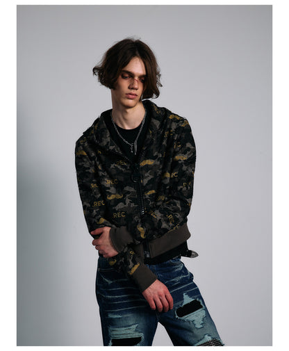 All Over Graphic Print Cropped Zip Hoodie