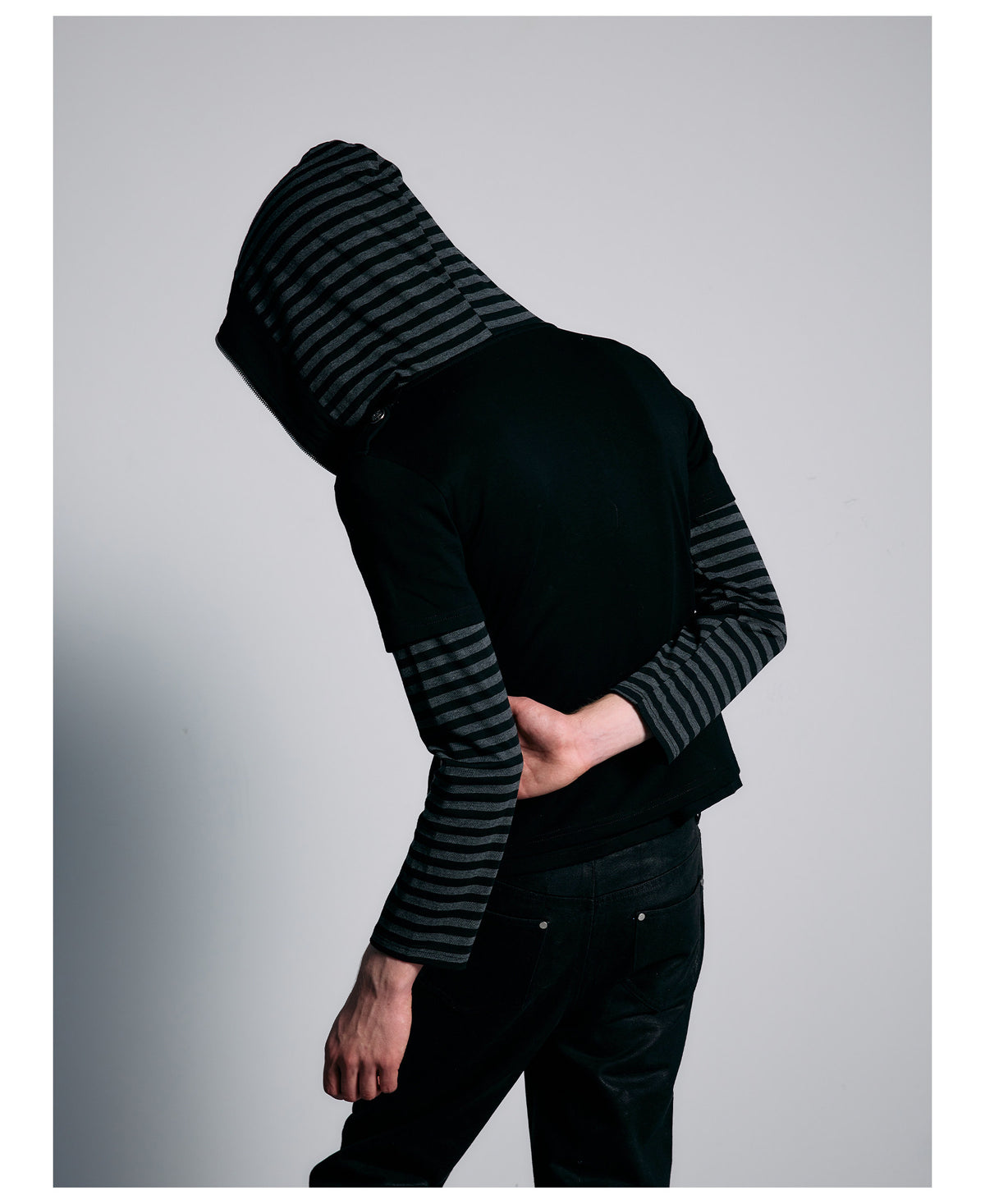 Striped Layered Sleeve Double Row Button Zip Hoodie