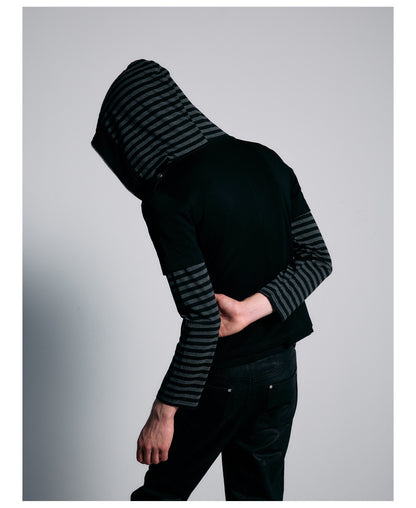 Striped Layered Sleeve Double Row Button Zip Hoodie