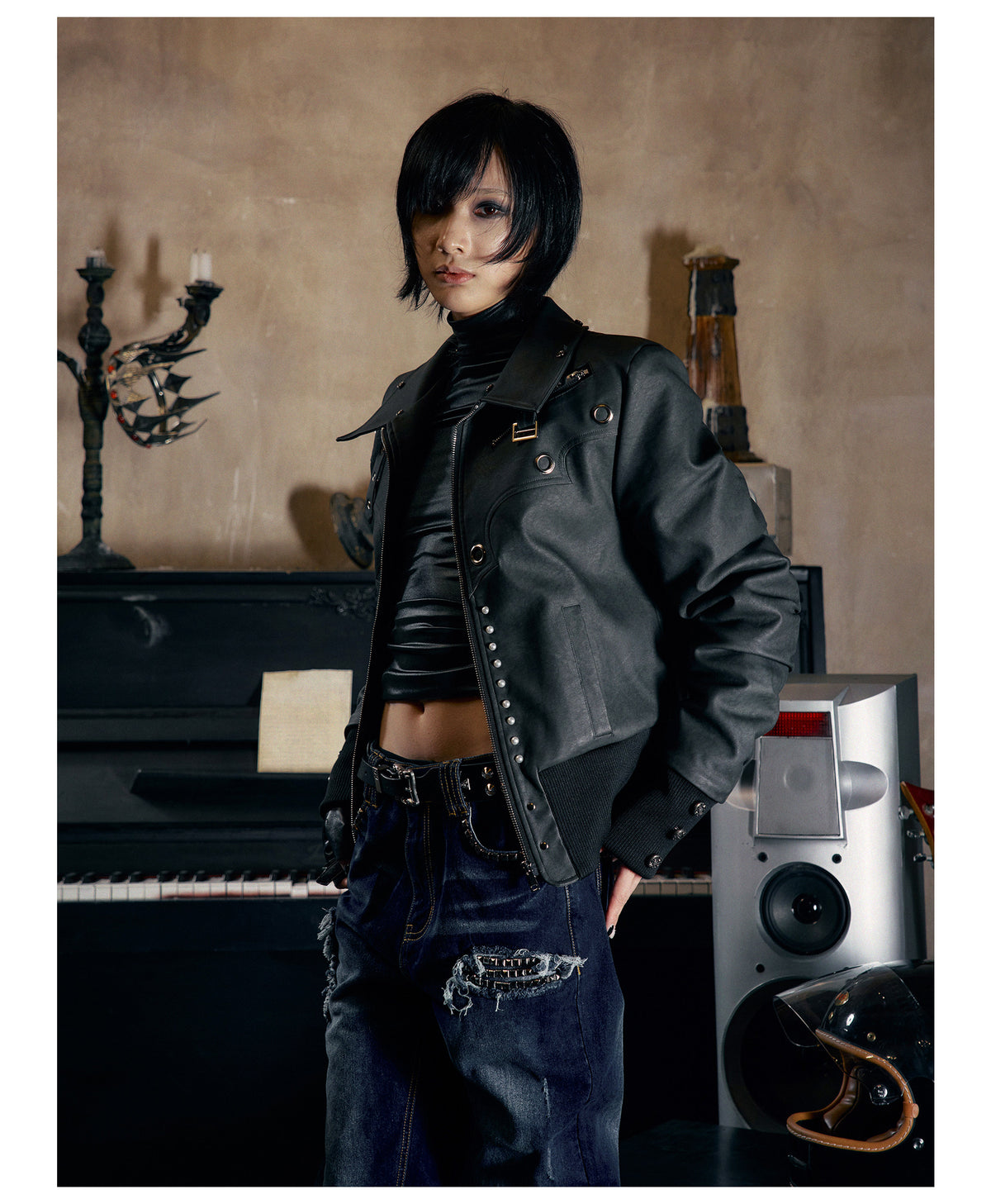 Metallic Faux Leather Detachable Fur Trim Collar Jacket