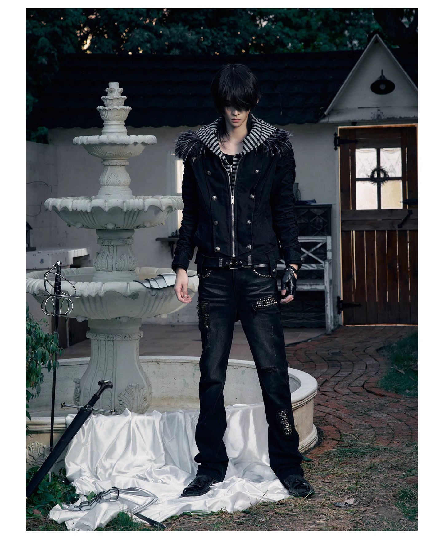 Striped Detachable Hood Double Breasted Fur Texture Jacket
