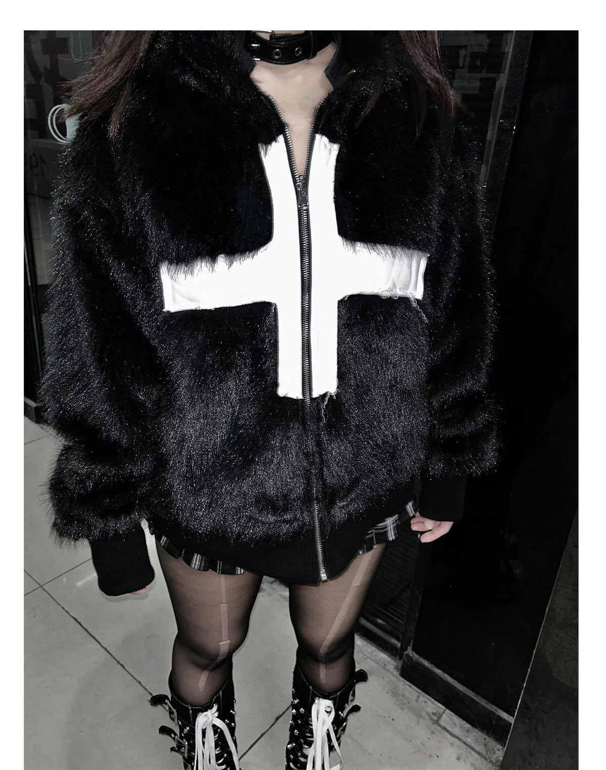 Cross Applique Studded Hood Reversible Faux Fur Jacket