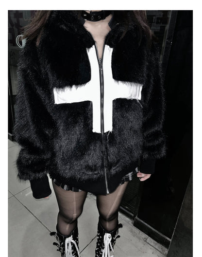 Cross Applique Studded Hood Reversible Faux Fur Jacket